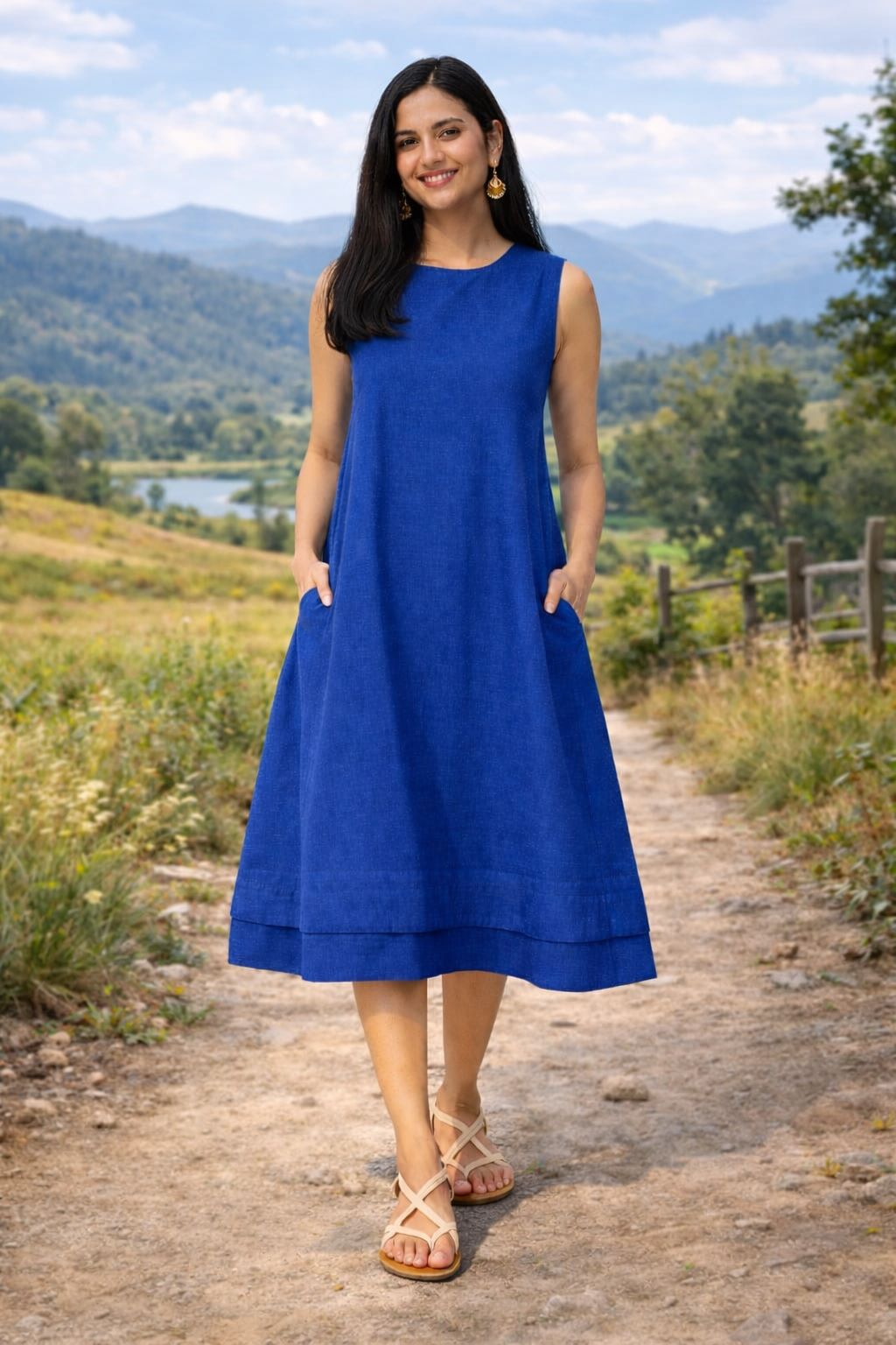 Myshka Women Blue Linen Smart Casual A-Line Midi Dress | Grocsy