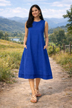 Myshka Women Blue Linen Smart Casual A-Line Midi Dress | Grocsy