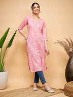 InWeave Women's Light Pink Floral Print Straight Angrakha Gota Kurta | Grocsy