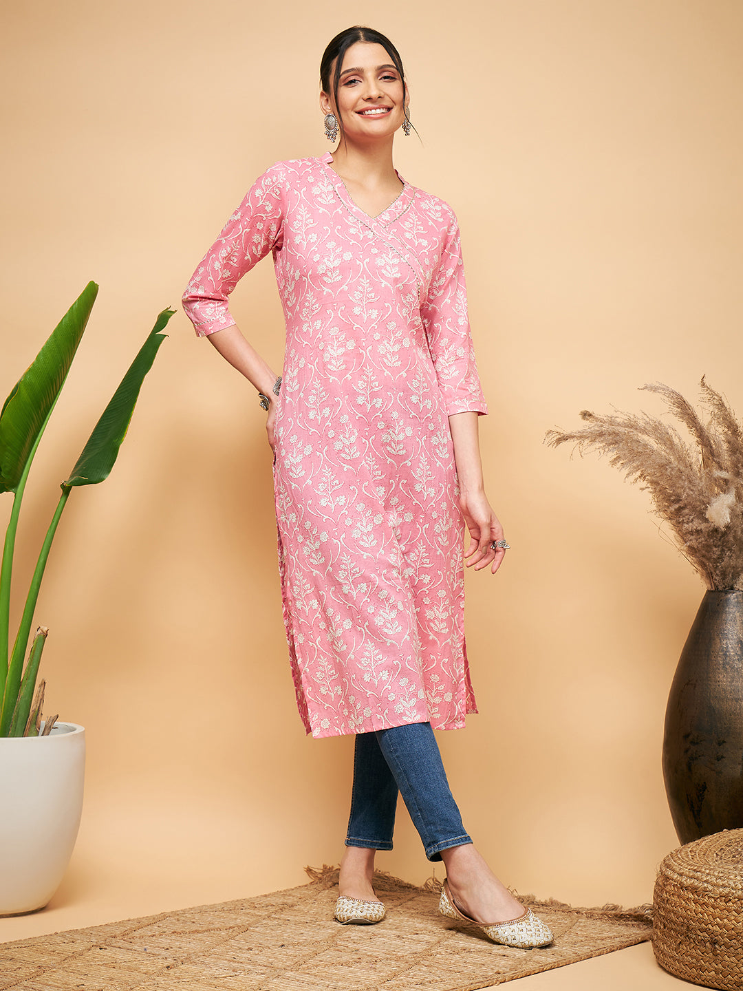 InWeave Women's Light Pink Floral Print Straight Angrakha Gota Kurta | Grocsy