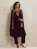 trueBrowns Maroon Velvet Floral Embroidered Kurta Pant Dupatta Set | Grocsy