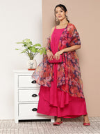 InWeave Women's Fuchsia Strappy Set With Navy Floral Organza Dupatta | Grocsy