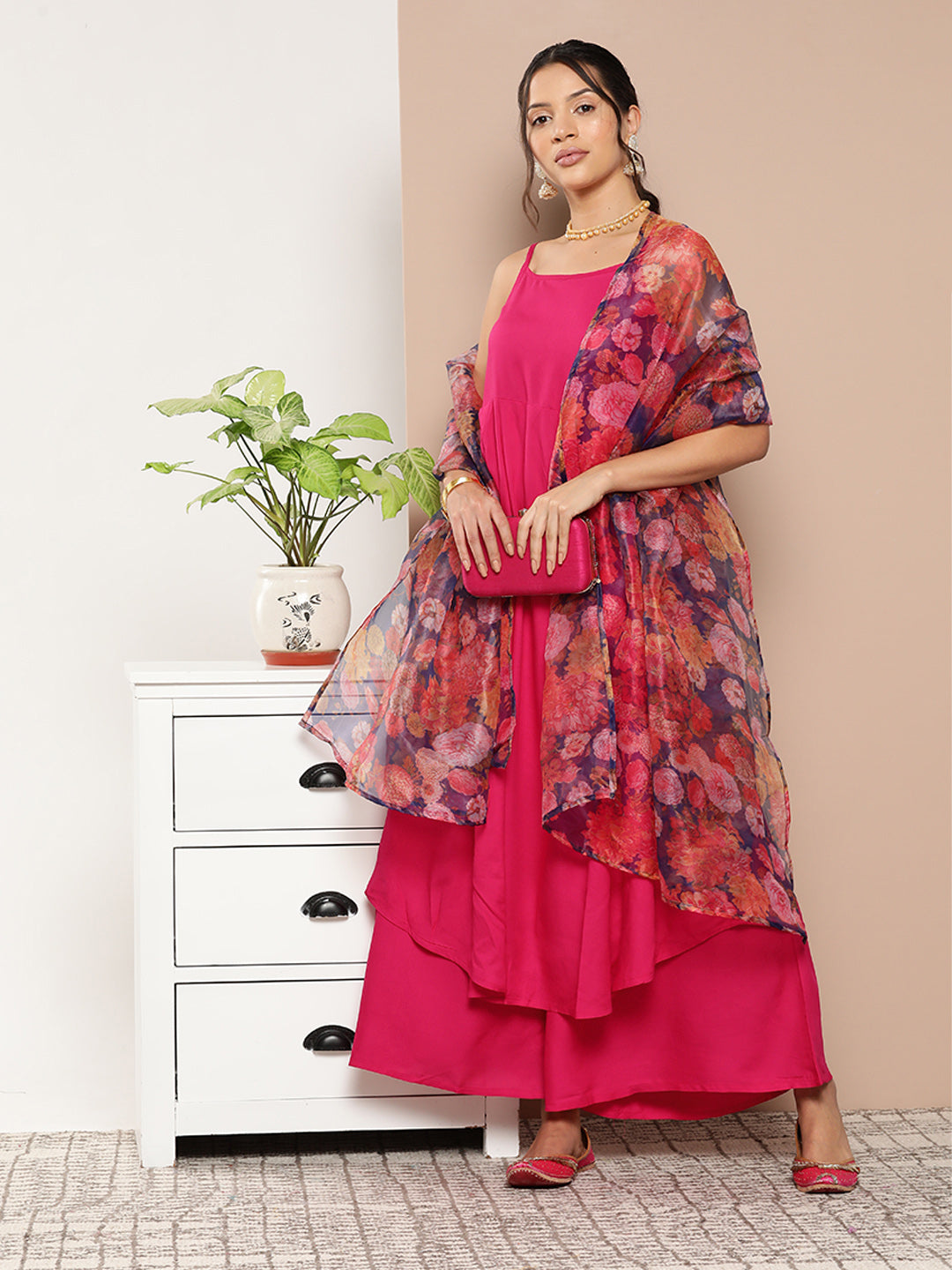 InWeave Women's Fuchsia Strappy Set With Navy Floral Organza Dupatta | Grocsy