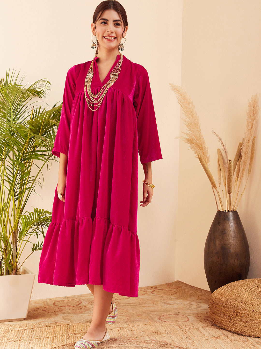 InWeave Women's Fuchsia Velvet Manderia V Neck Flared Dress | Grocsy