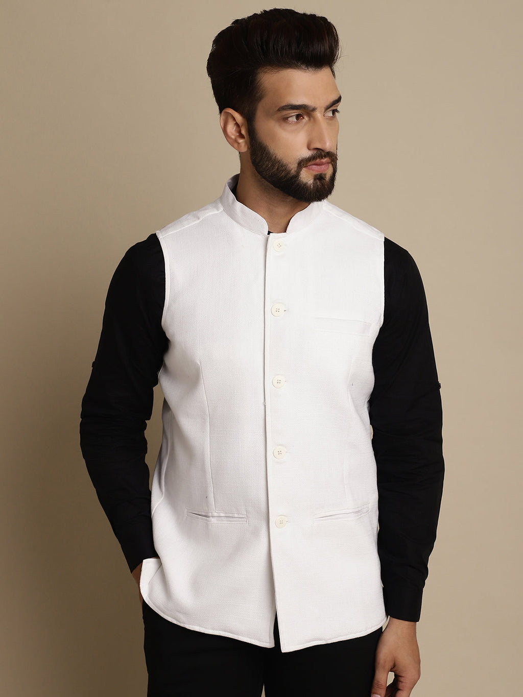 Even Apparels Men's White Mandarin Collar Waistcoat | Grocsy