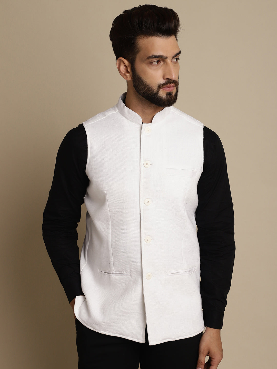 Even Apparels Men's White Mandarin Collar Waistcoat | Grocsy