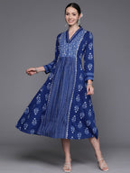 Ahalyaa Floral Print Midi Pure Cotton Ethnic Dress with Lace Inserts Detail | Grocsy