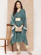 Ahalyaa Women Floral Printed Flared Sleeves Patchwork Belted Detail Crepe Kaftan Kurta | Grocsy