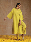 trueBrowns Lime Gold Cotton Relax High Slit Kurta Set | Grocsy