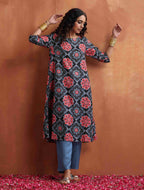 trueBrowns Black Ajrak Print A-line Kurta Set | Grocsy