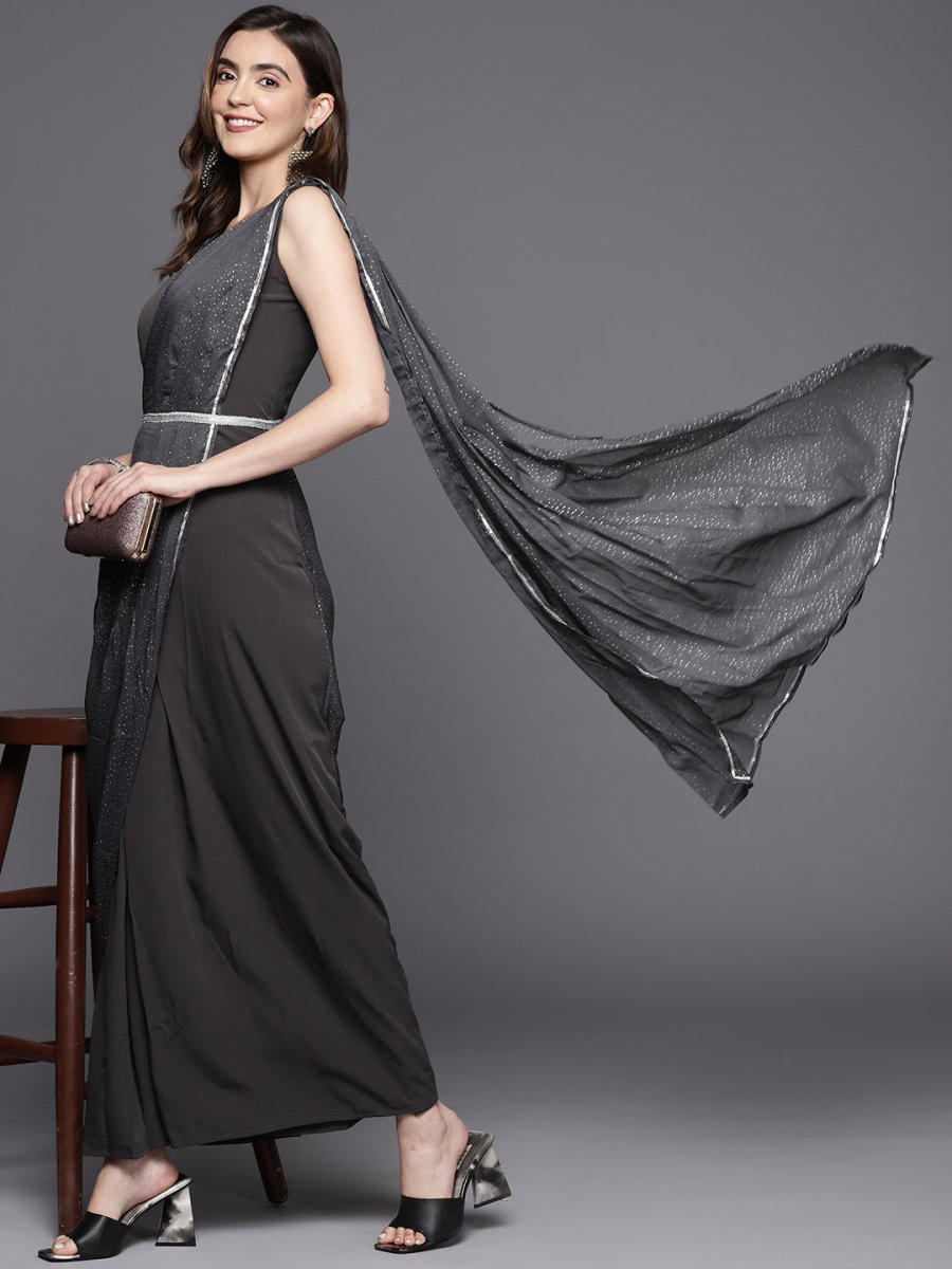 Ahalyaa Abstract Print Layered Crepe Ethnic Dress | Grocsy