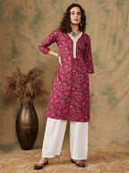 InWeave Women's Burgundy Maroon Print V Neck Lace Work Straight Kurta | Grocsy
