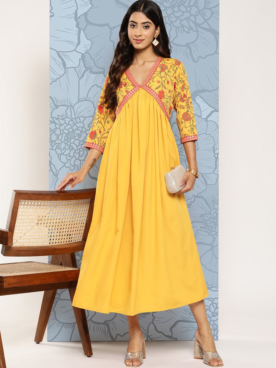 Ahalyaa Floral Print Crepe Empire Midi Ethnic Dress | Grocsy