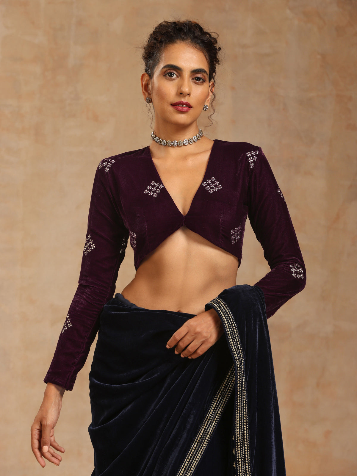 trueBrowns Wine Velvet Embroidered Blouse | Grocsy