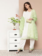 InWeave Women's Cream Straight Kurta Set W Green White Print Organza Dupatta | Grocsy