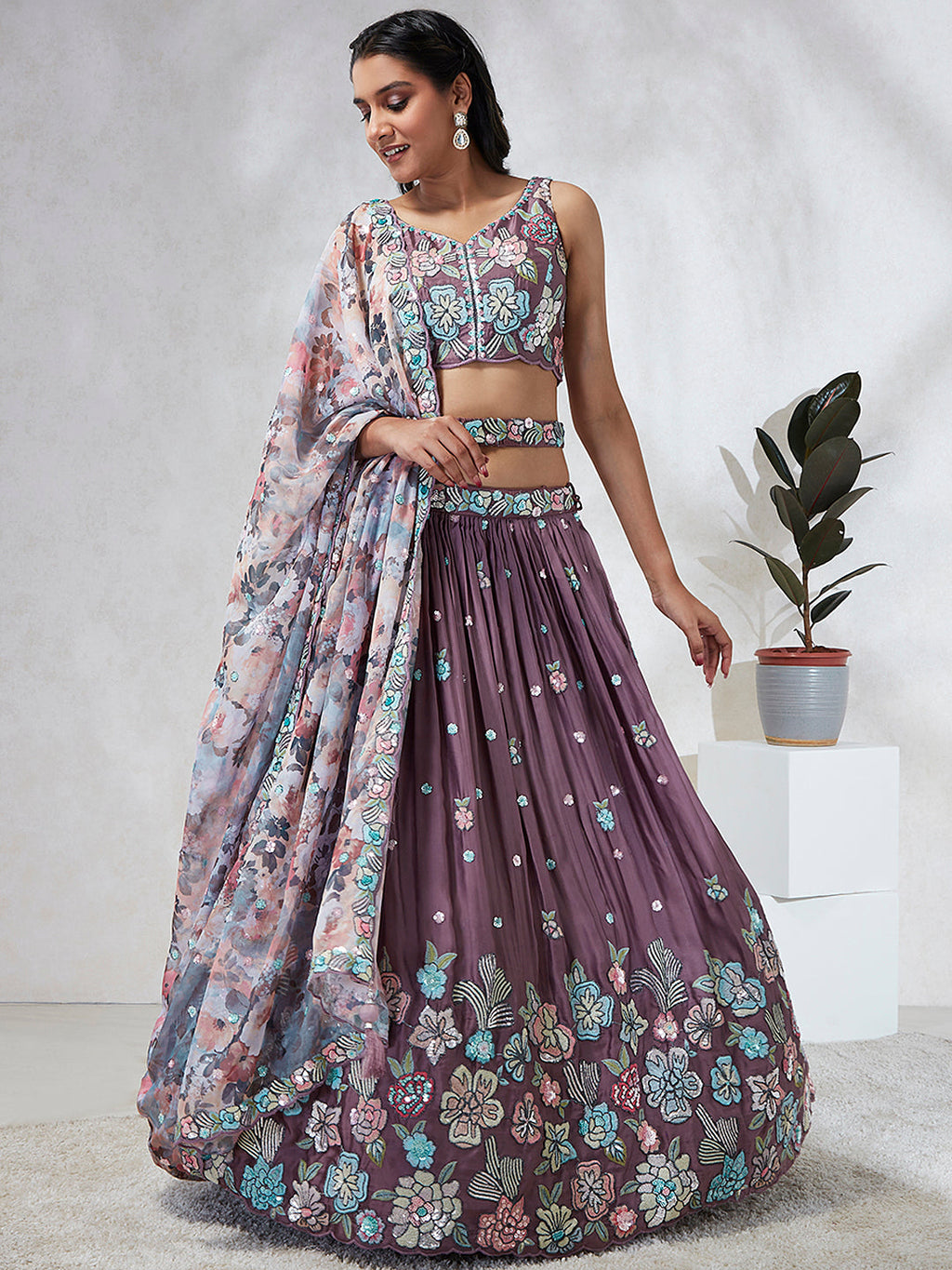 House of Panchhi Lavender Georgette Sequins And Thread Embroidery Lehenga Choli & Dupatta | Grocsy