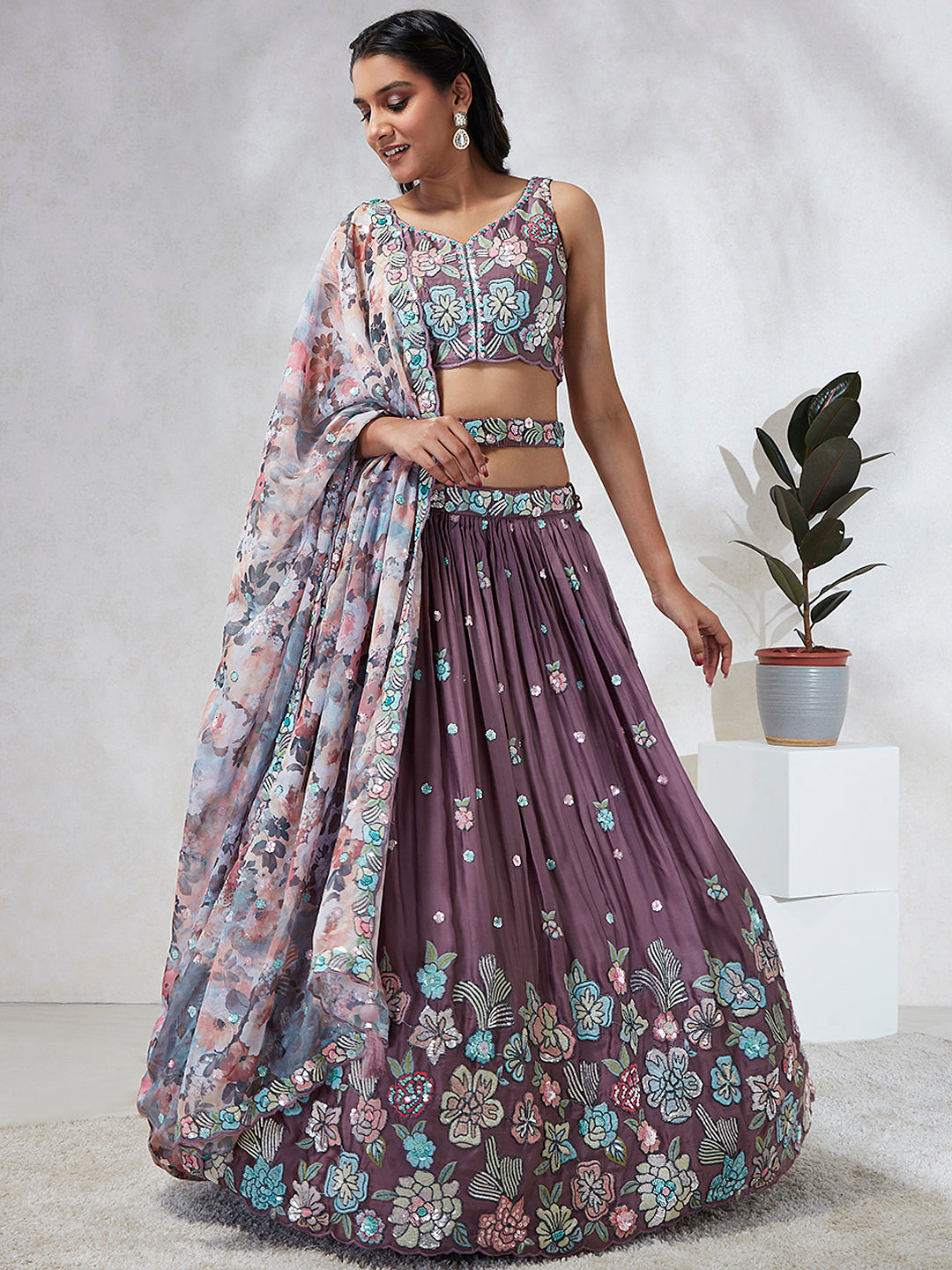 House of Panchhi Lavender Georgette Sequins And Thread Embroidery Lehenga Choli & Dupatta | Grocsy