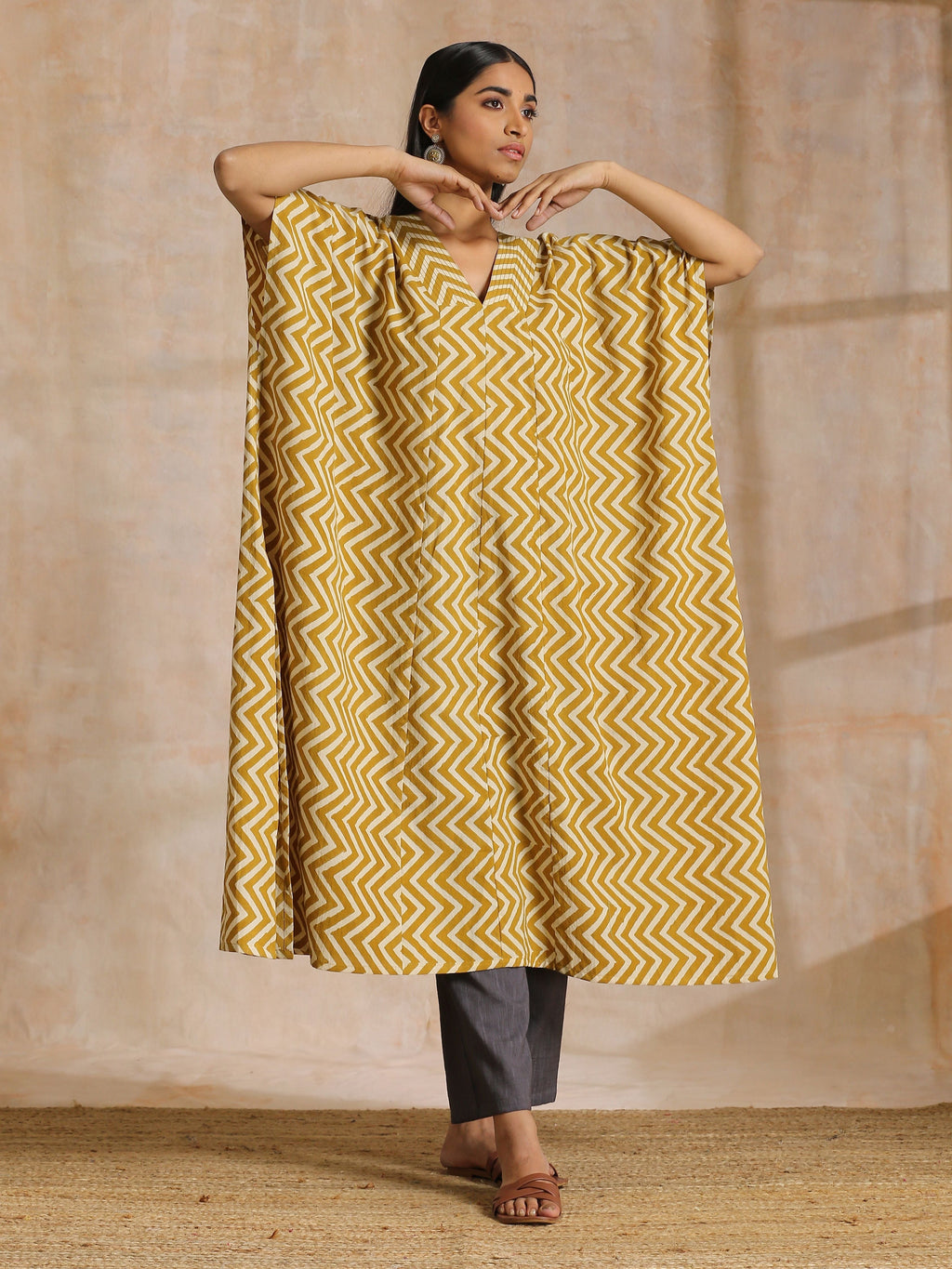 trueBrowns Mustard Dabu Zig-Zag Lines Print Cotton Panel Kaftan Kurta Pant Set | Grocsy