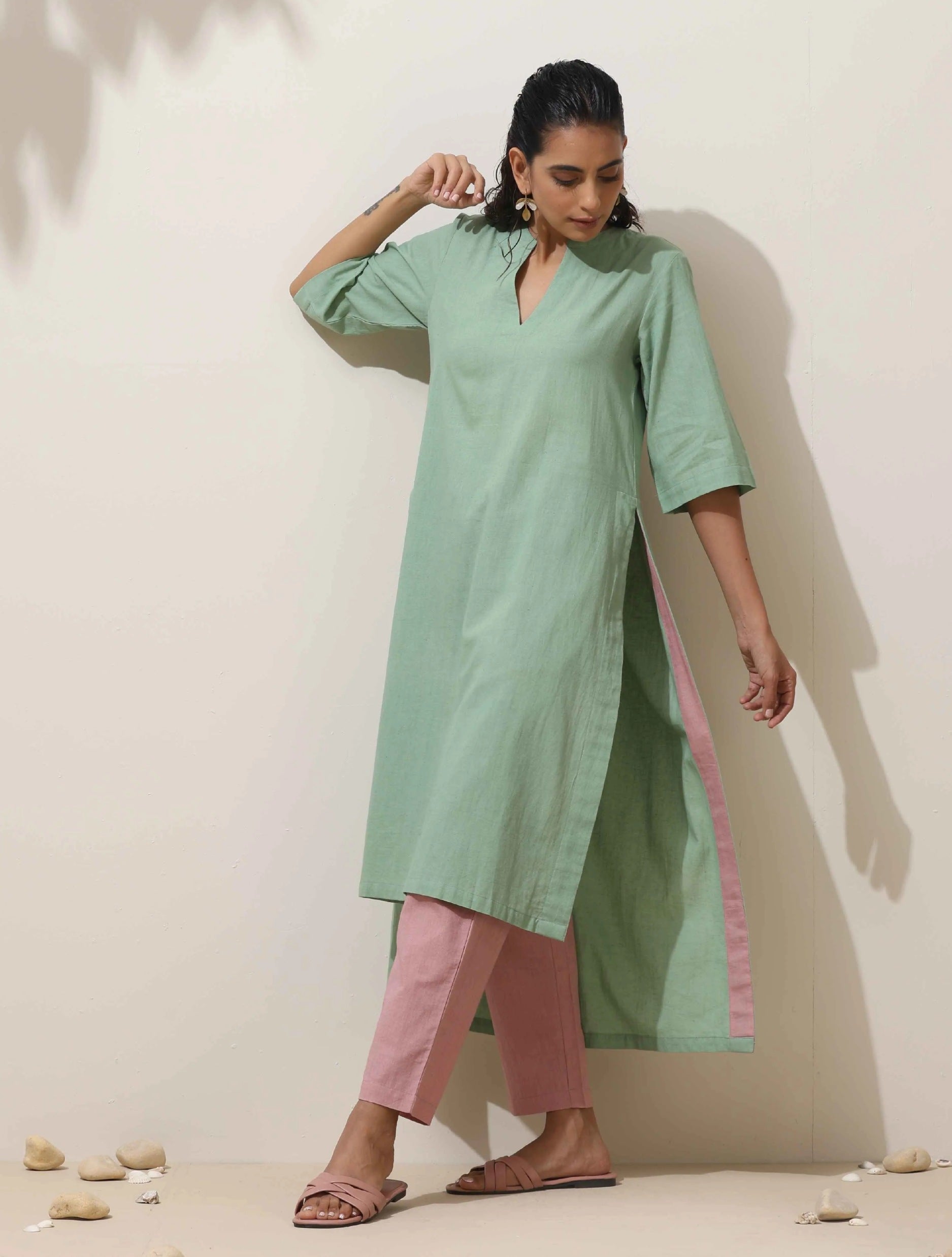 trueBrowns Mint Green Cotton Linen Kurta Pant Set | Grocsy
