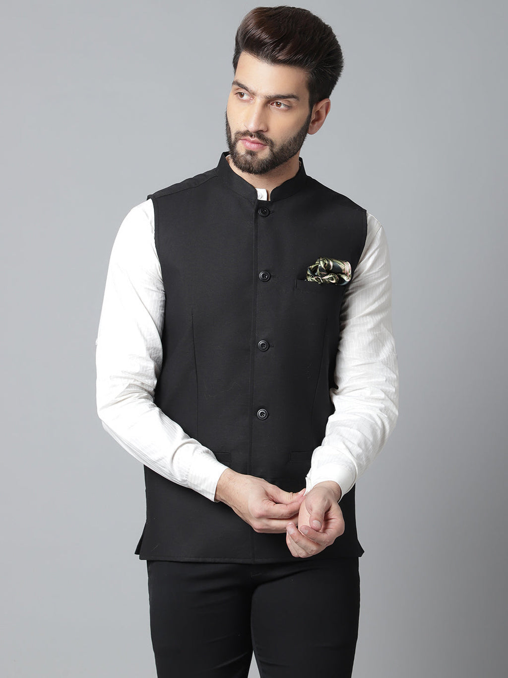 Even Apparels Men's Black Nehru Jacket With Welt Pockets | Grocsy