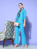 InWeave Women's Aqua Blue Coord Set With Maroon Abstract Scarf | Grocsy