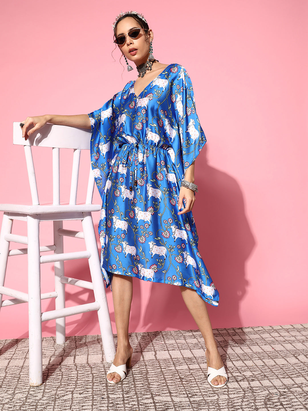 InWeave Women's Ink Blue Indian Bull Print Kaftan | Grocsy