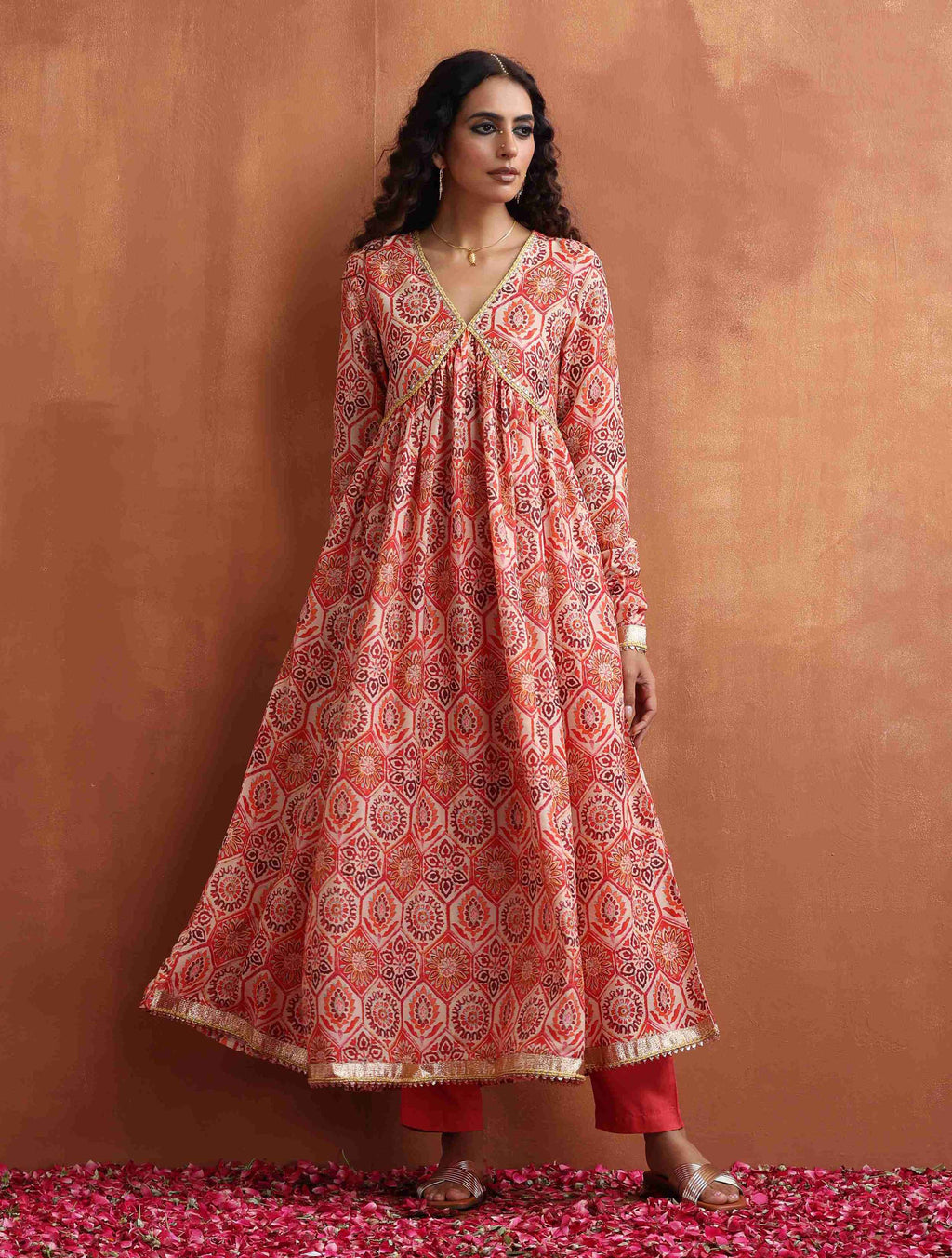 trueBrowns Beige Print Flared Anarkali Kurta Set | Grocsy