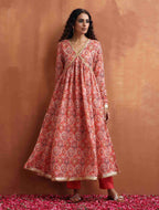 trueBrowns Beige Print Flared Anarkali Kurta Set | Grocsy