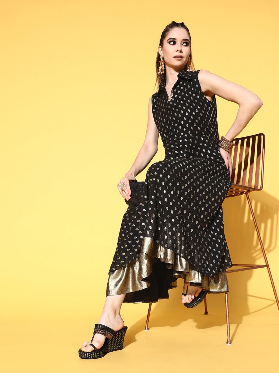 Ahalyaa Black Georgette Ethnic Motifs Printed Shirt-Collar Midi Fit & Flare Ethnic Dress | Grocsy