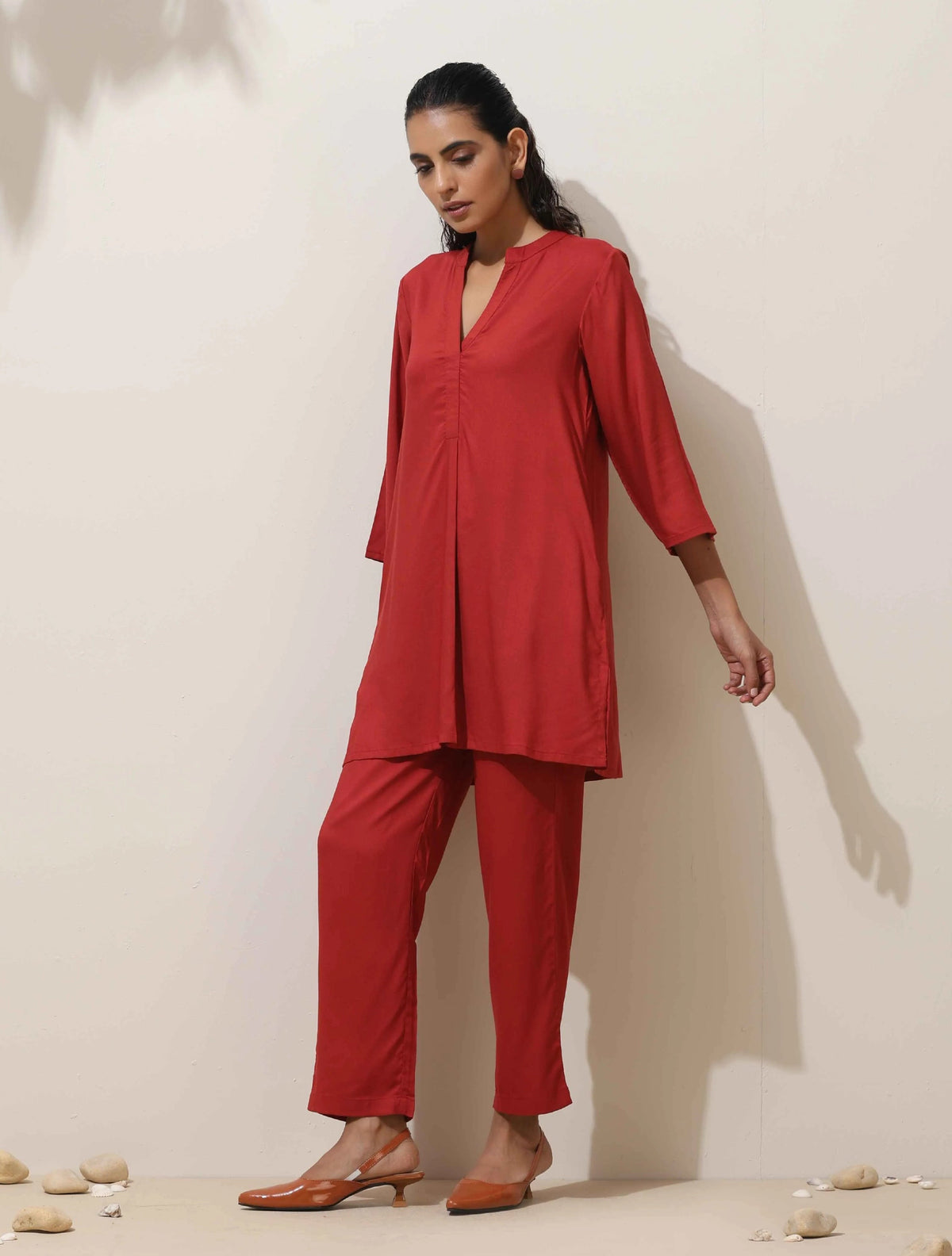 trueBrowns Maroon Viscose Solid Co-ord Set | Grocsy