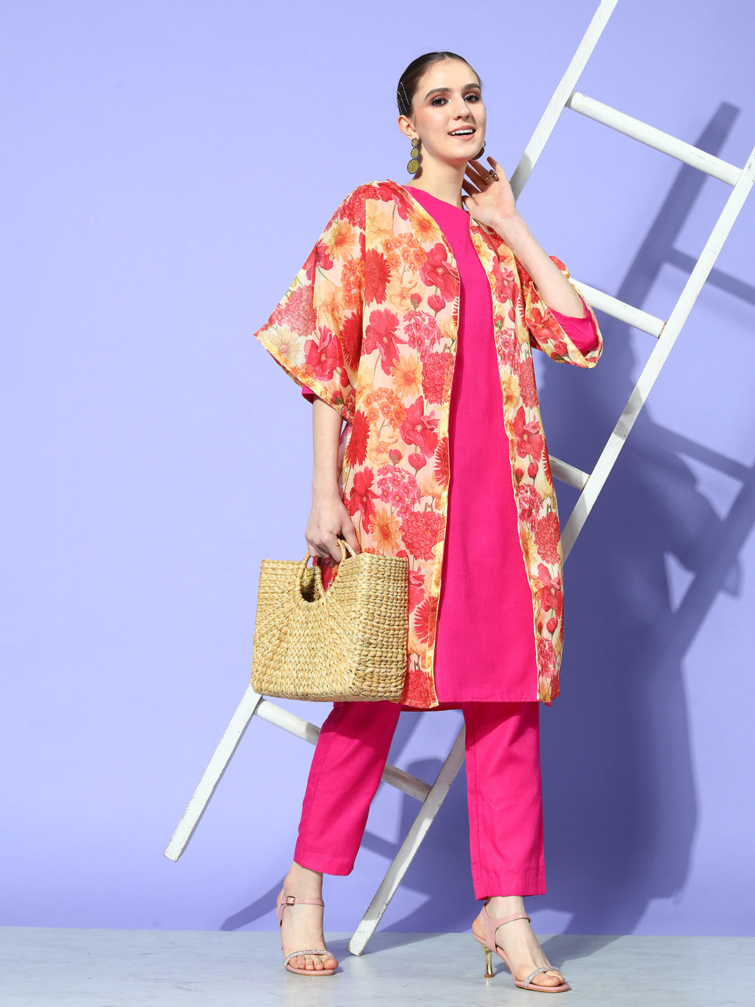InWeave Women's Red Mustard Chintz Long Organza Cape | Grocsy