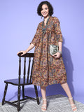 InWeave Women's Ochre Mustard Kalamkari Print Dress | Grocsy