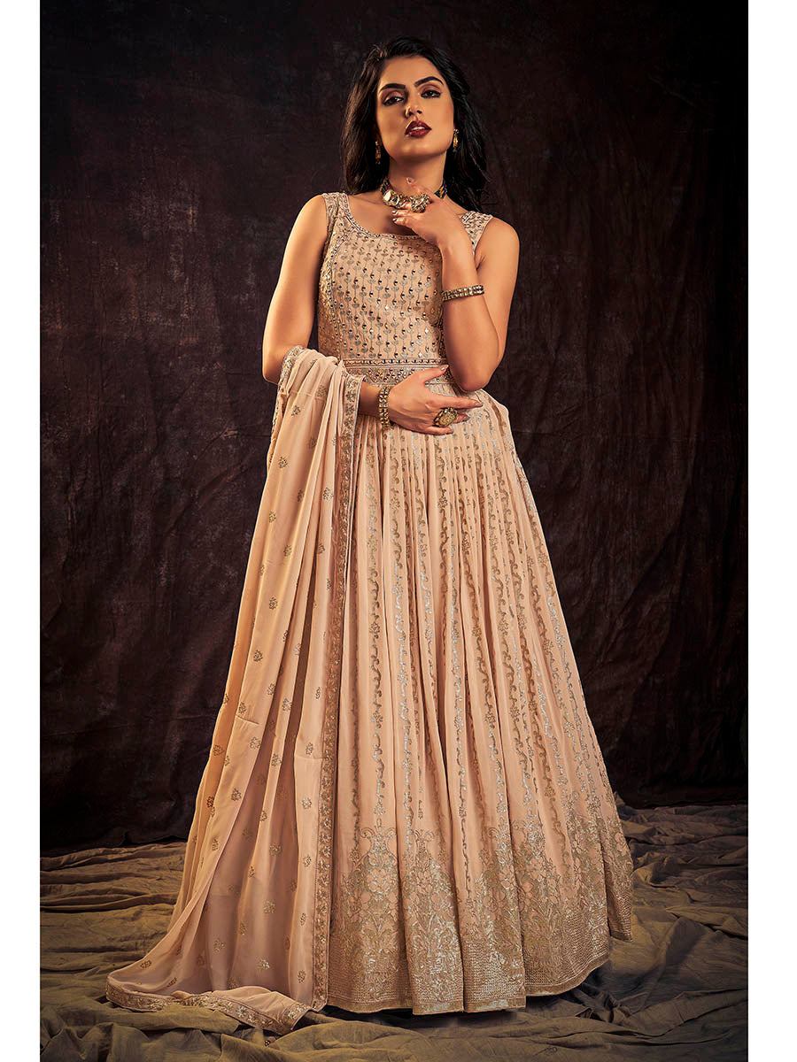 Myra Peach Real Georgette Designer Gown Style Suit | Grocsy