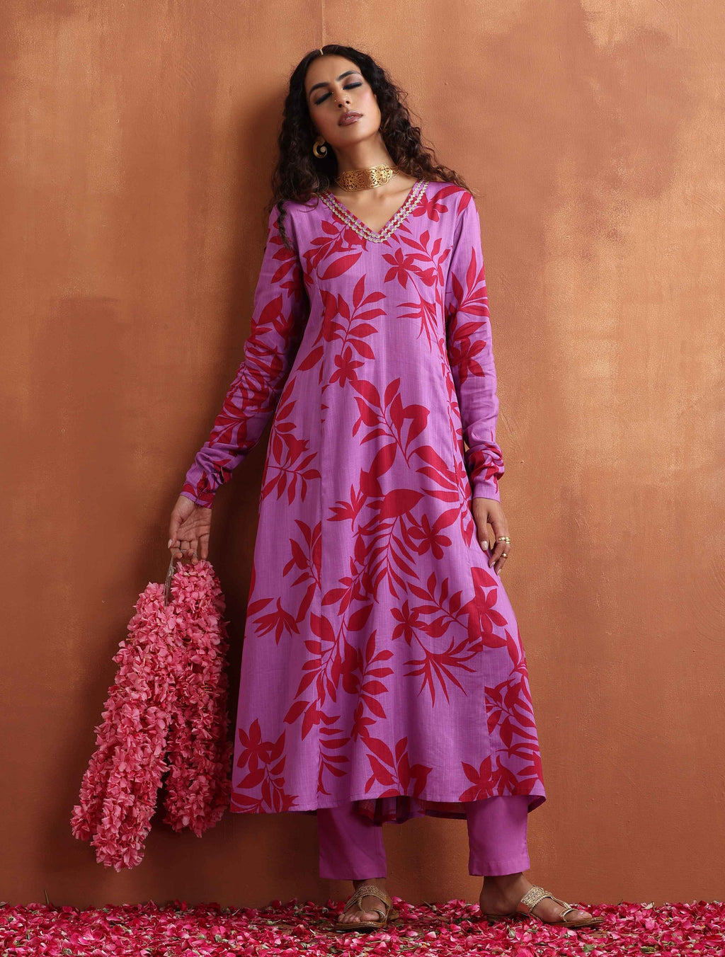 trueBrowns Purple Print A-line Kurta Set | Grocsy