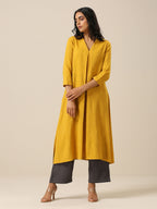 trueBrowns Mustard Yellow Slub Texture Neck Pleat Kurta Pant Set | Grocsy