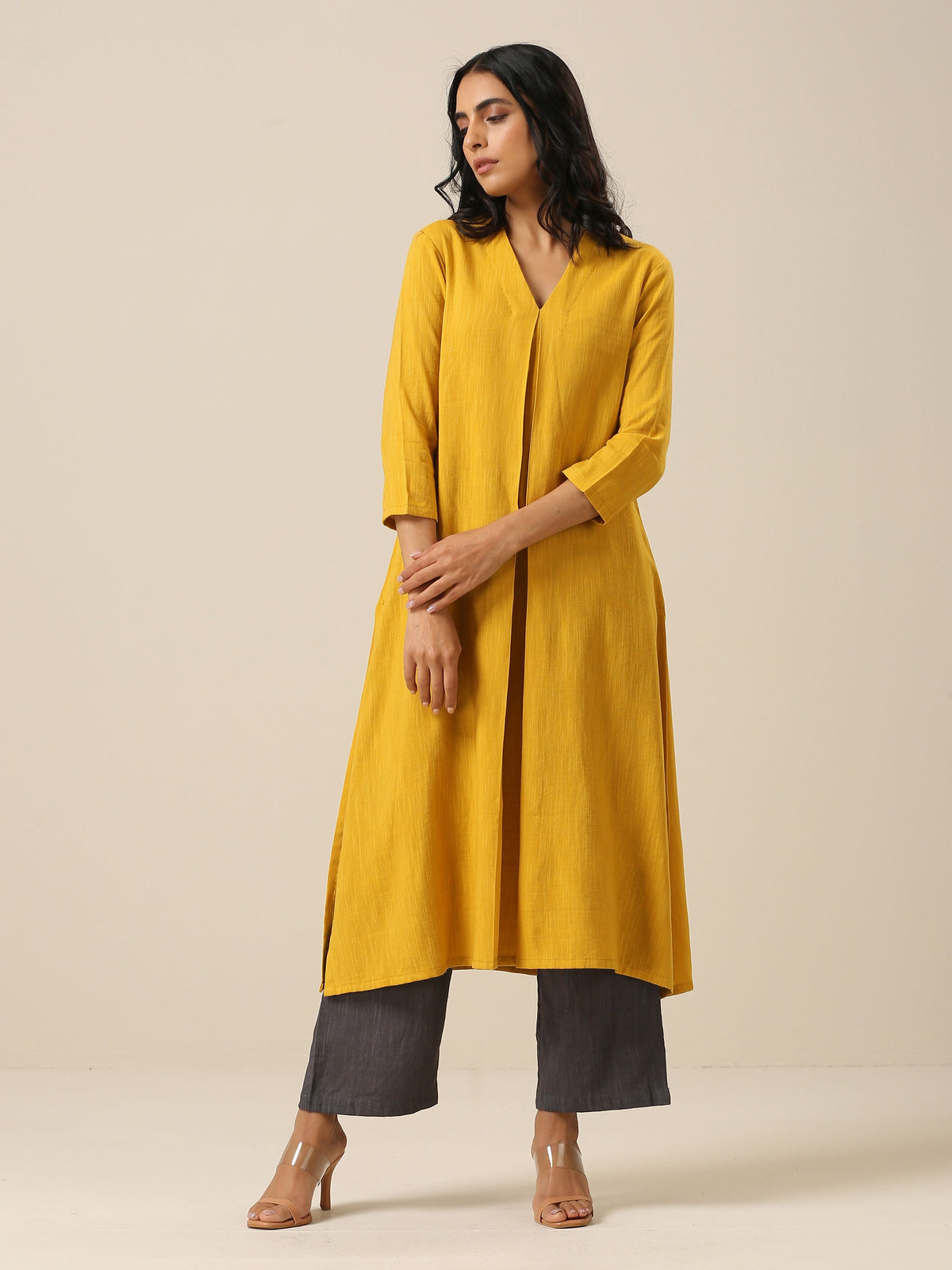 trueBrowns Mustard Yellow Slub Texture Neck Pleat Kurta Pant Set | Grocsy