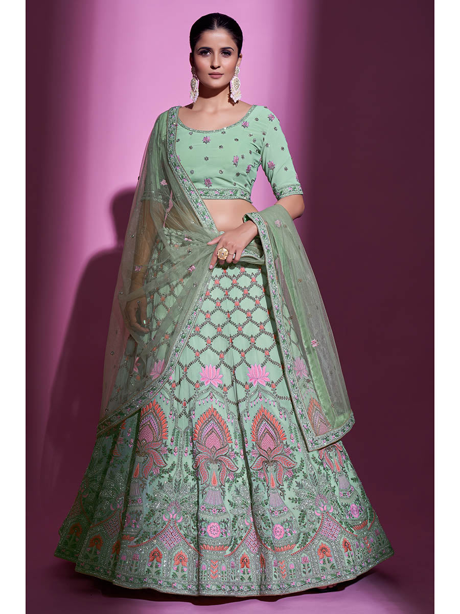 Myra Pista Green Georgette Embroidered Designer Lehenga Choli | Grocsy