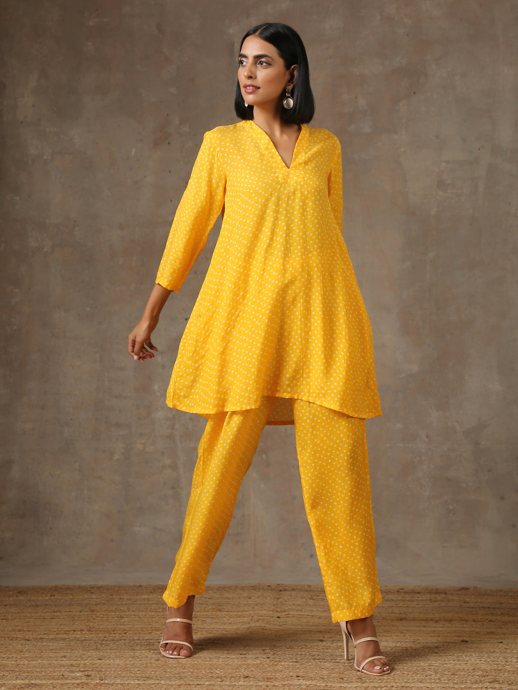 trueBrowns Yellow Bandhani Flare Printed Silk Co-Ord Set | Relove | Grocsy