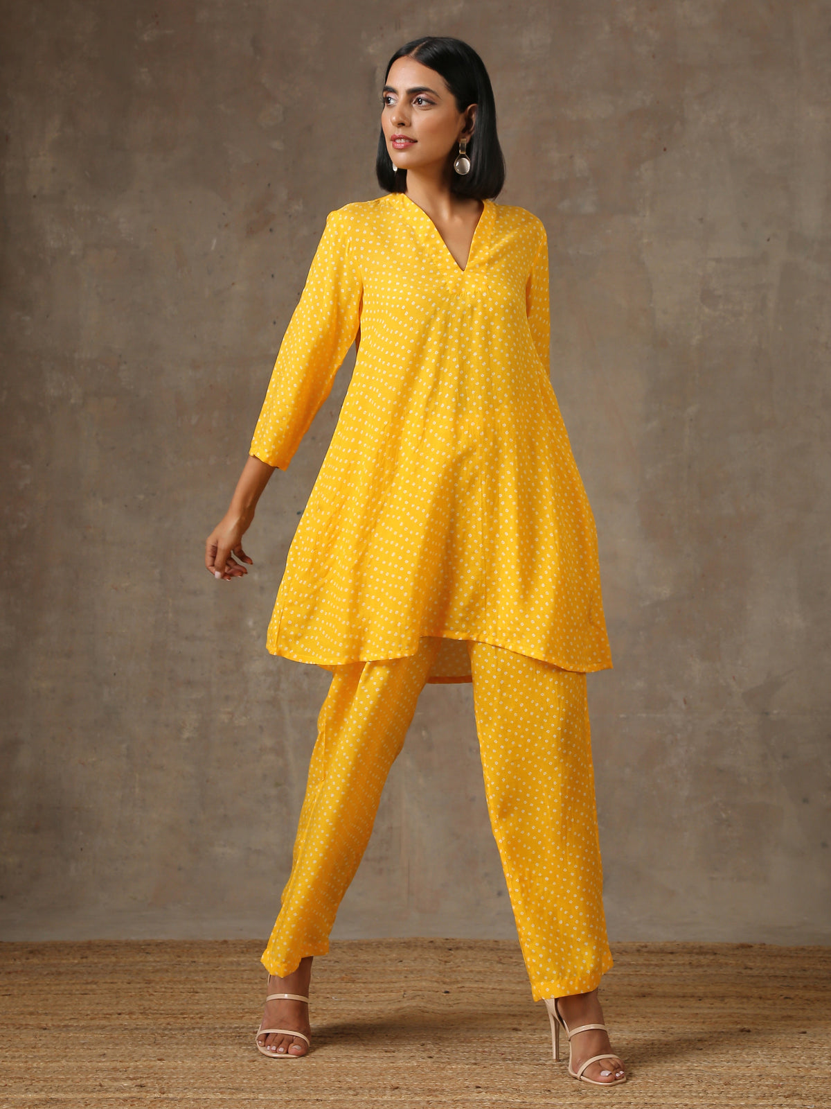 trueBrowns Yellow Bandhani Flare Printed Silk Co-Ord Set | Relove | Grocsy