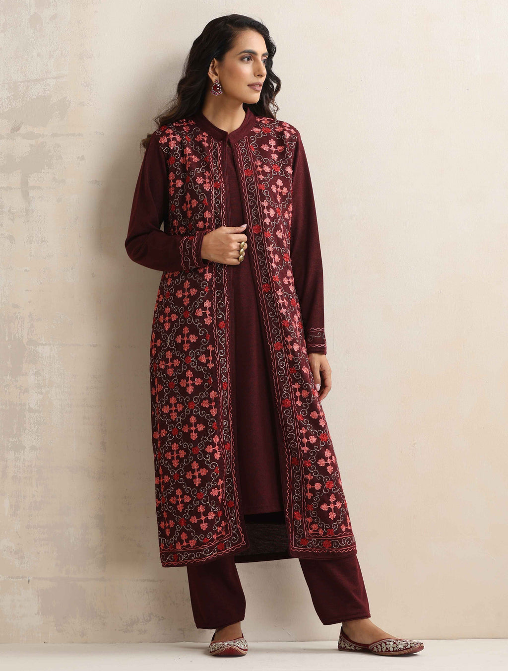 trueBrowns Purple Kashmiri Woollen Jacket 3pc Set | Grocsy