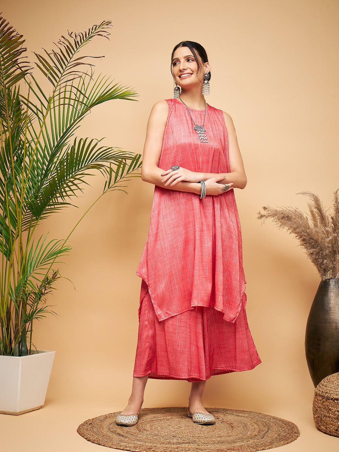 InWeave Women's Red Lurex Short Pallazo Kurta Set | Grocsy