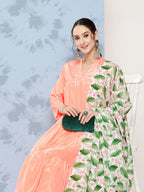 InWeave Women's Peach Tiered Kurta Set With White Pink Lotus Cr Dupatta | Grocsy
