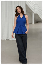 Myshka Women Blue Linen Halter Neck Tie Up Pleated Top | Grocsy