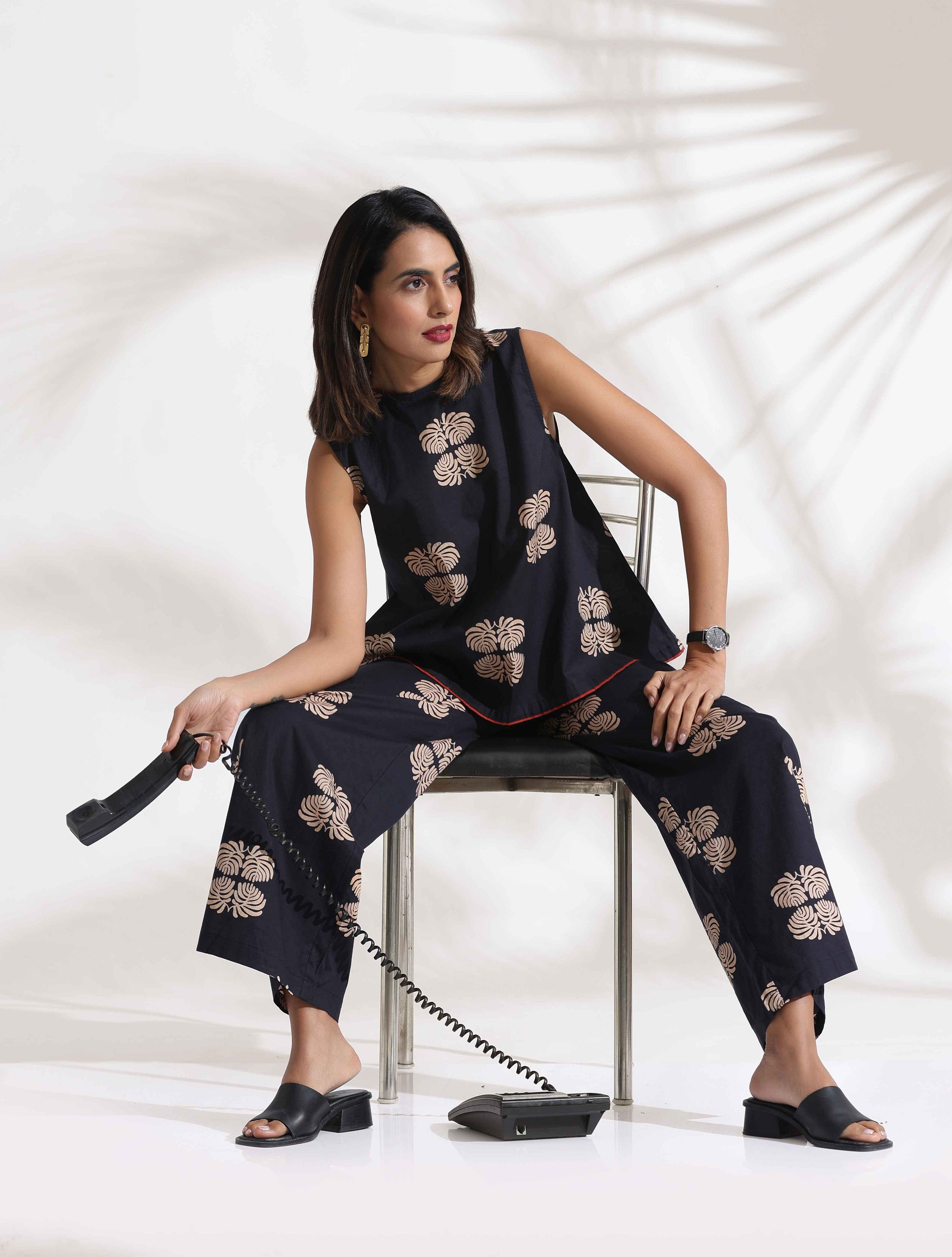 trueBrowns Black Cotton Print Top & Flared Pants Co-ord Set | Grocsy