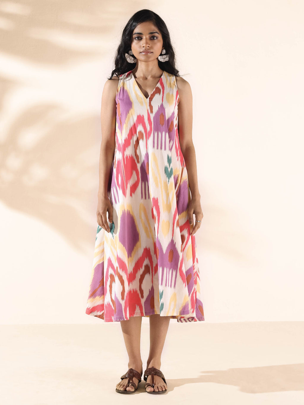trueBrowns Pink Cotton Ikat Sleeveless Dress | Grocsy