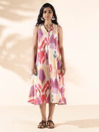 trueBrowns Pink Cotton Ikat Sleeveless Dress | Grocsy