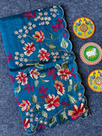 Mameraa Sarees Teal Matka Silk Saree With Heavy Floral Embroidery Border With Running Blouse-Teal | Grocsy