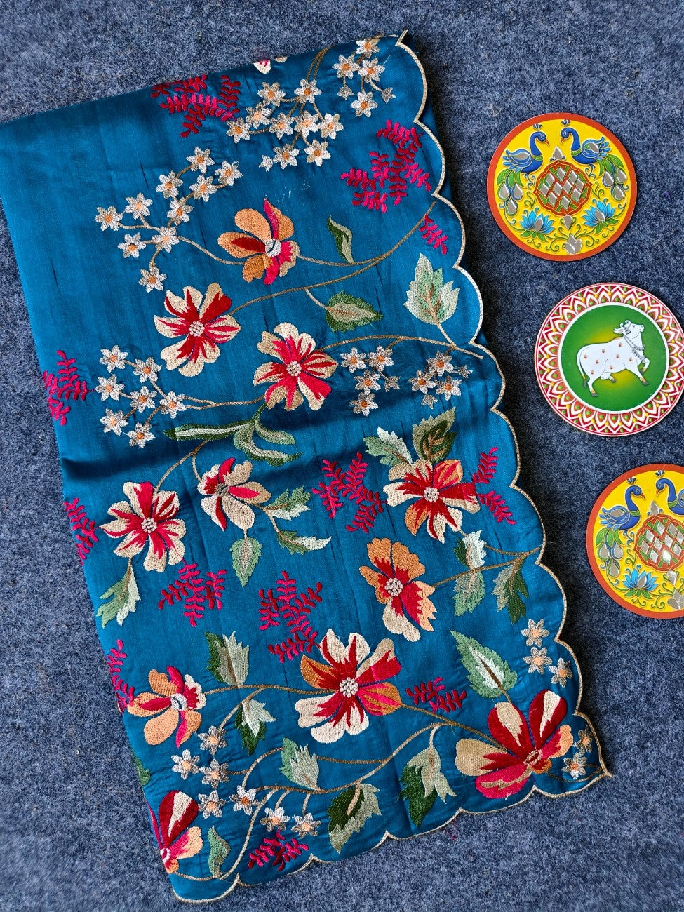 Mameraa Sarees Teal Matka Silk Saree With Heavy Floral Embroidery Border With Running Blouse-Teal | Grocsy