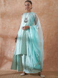 InWeave Women's Powder Blue Jacquard Halter Kurta Set W Powder Blue Or Dupatta | Grocsy