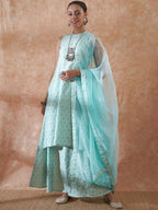 InWeave Women's Powder Blue Jacquard Halter Kurta Set W Powder Blue Or Dupatta | Grocsy